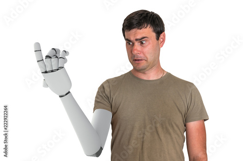Shocked man is looking at his prosthetic robotic hand