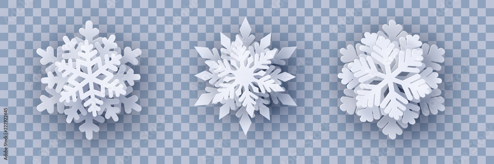 Vector set of 3 white Christmas paper cut 3d layered snowflakes with ...