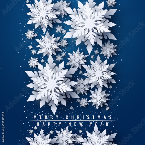Vector Merry Christmas and Happy New Year greeting card design with white layered paper cut snowflakes on blue background. Seasonal Christmas and New Year holidays paper art banner, poster template