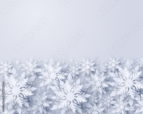Vector Merry Christmas and Happy New Year greeting card design with white realistic 3d layered paper cut snowflakes. Seasonal Christmas and New Year holidays paper art template background