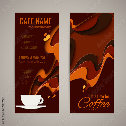 Coffee menu design - paper cut style poster for coffee shop, cafe or restaurant. Vector paper craft vintage coffee aroma background, banner, advertisement flyer