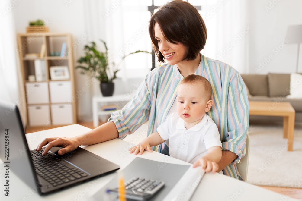 multi-tasking, freelance and motherhood concept - working mother baby boy and laptop computer at home office multi-tasking, freelance and motherhood concept - working mother baby boy and laptop computer at home office