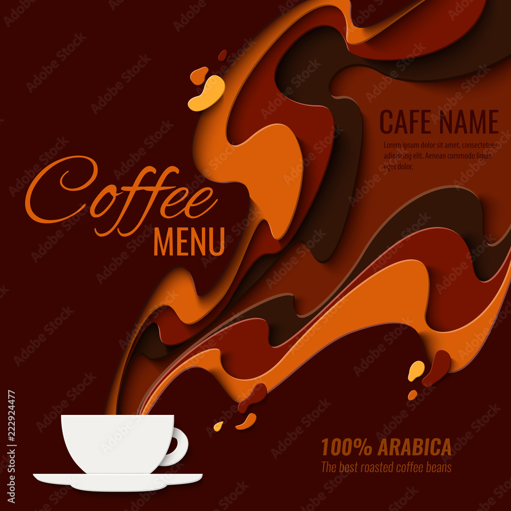 Coffee menu design - paper cut style poster for coffee shop, cafe or  restaurant. Vector paper craft vintage coffee aroma background, banner,  advertisement flyer Stock Vector | Adobe Stock