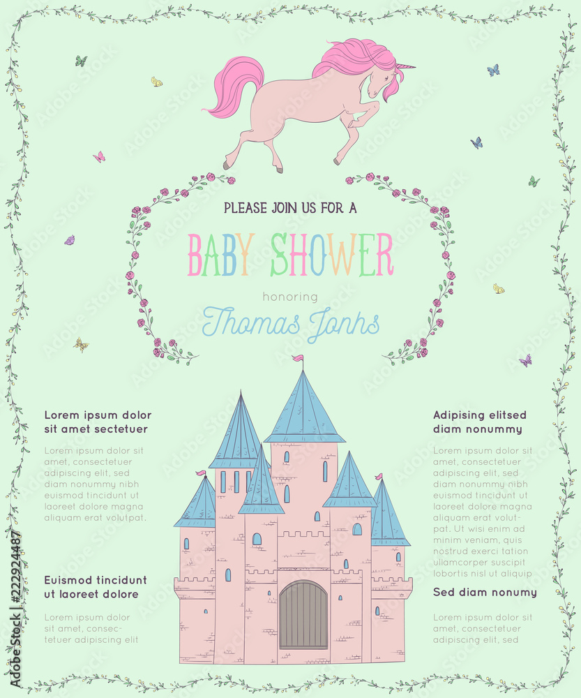 Baby shower invitation with unicorn, castle and butterflies. Fairy tale theme. Vintage vector illustration