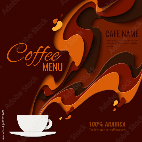 Coffee menu design - paper cut style poster for coffee shop, cafe or restaurant. Vector paper craft vintage coffee aroma background, banner, advertisement flyer