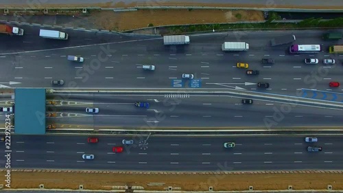aerial view of car on board in pay toll checking point of motorway in thailand