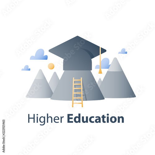 Graduation hat and mountains, higher education, business training course, scholarship concept, academy study