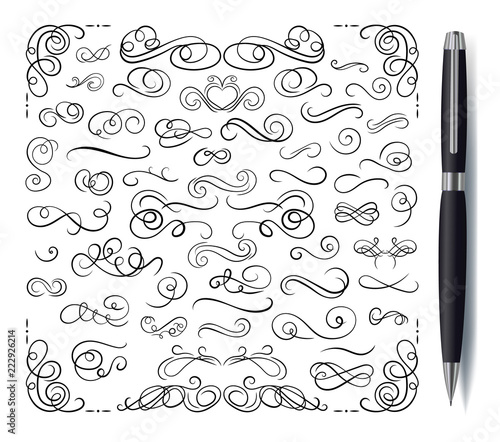 Vector Calligraphic Decorative Elements Set with Realistic Pen Isolated on White Background.