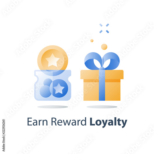 Full glass jar, earn points, loyalty program, collect bonus tokens, reward gift, present box, redeem prize, perks concept