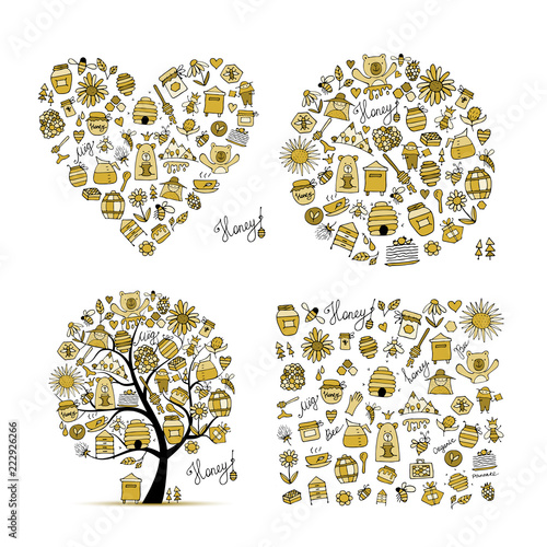 Honey set - frame, tree, heart. Sketch for your design