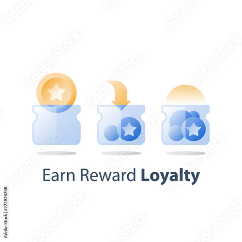 Empty and full glass jar, saving steps, earn points, loyalty program, collect bonus tokens, cash back, perks concept