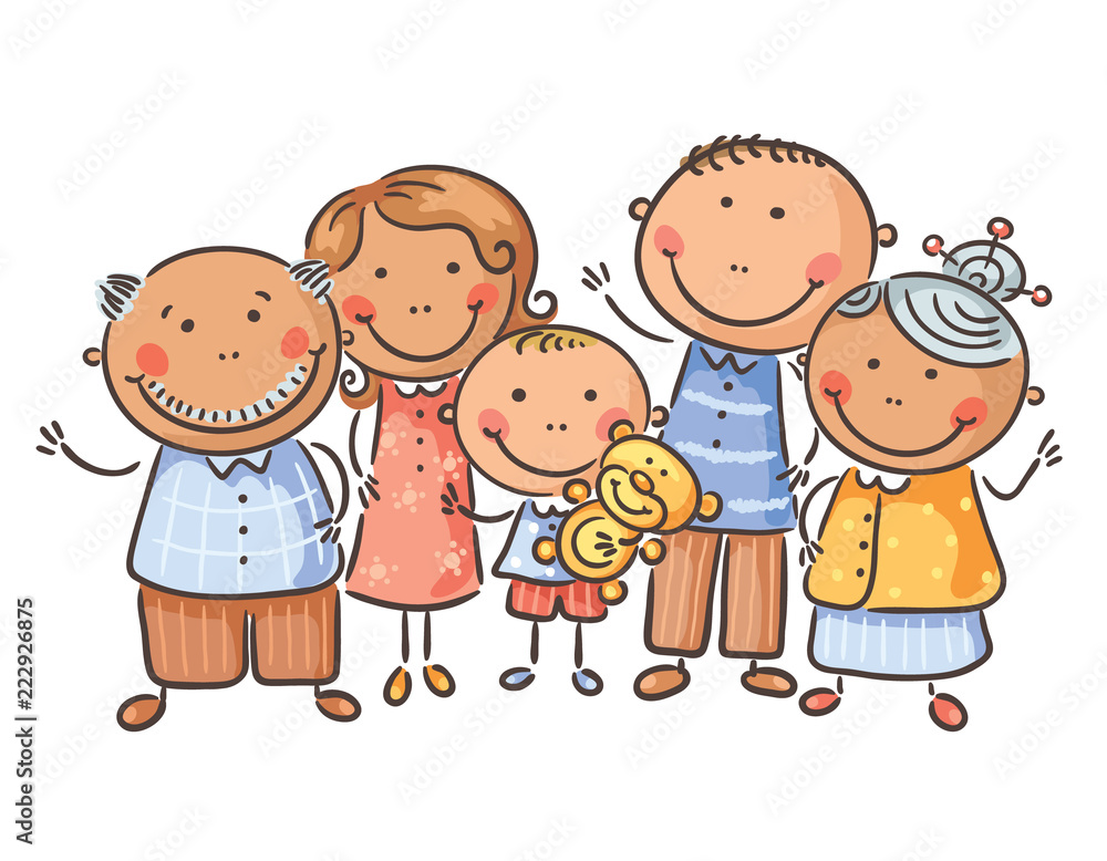 Happy family of five, cartoon graphics, vector illustration Happy family of five, cartoon graphics, vector illustration