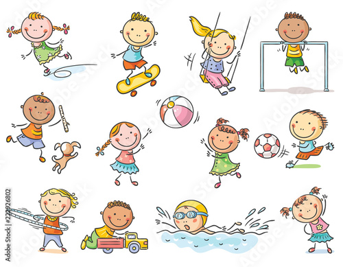 Set of cartoon kids outdoor activities, sports and games