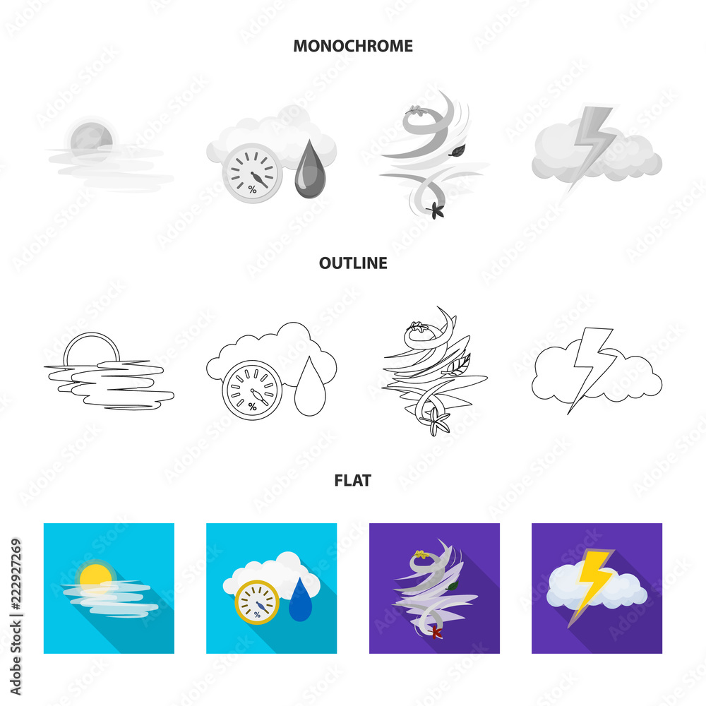 Vector illustration of weather and climate sign. Set of weather and cloud vector icon for stock.
