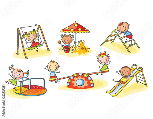Happy cartoon kids on playground, cartoon graphics, illustration