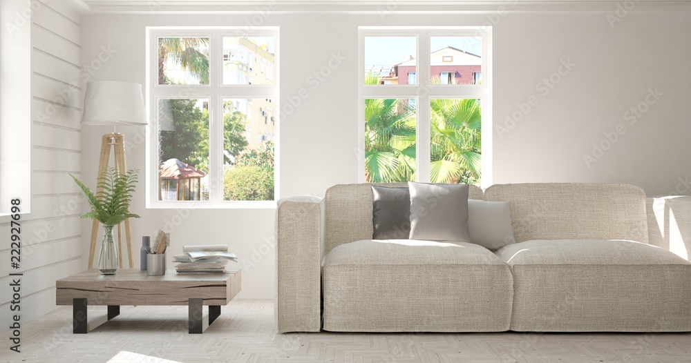 Idea of white room with sofa and summer landscape in window. Scandinavian interior design. 3D illustration