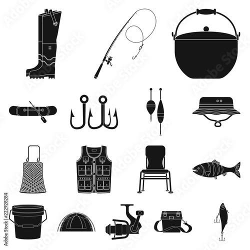 Vector illustration of fish and fishing logo. Set of fish and equipment stock symbol for web.