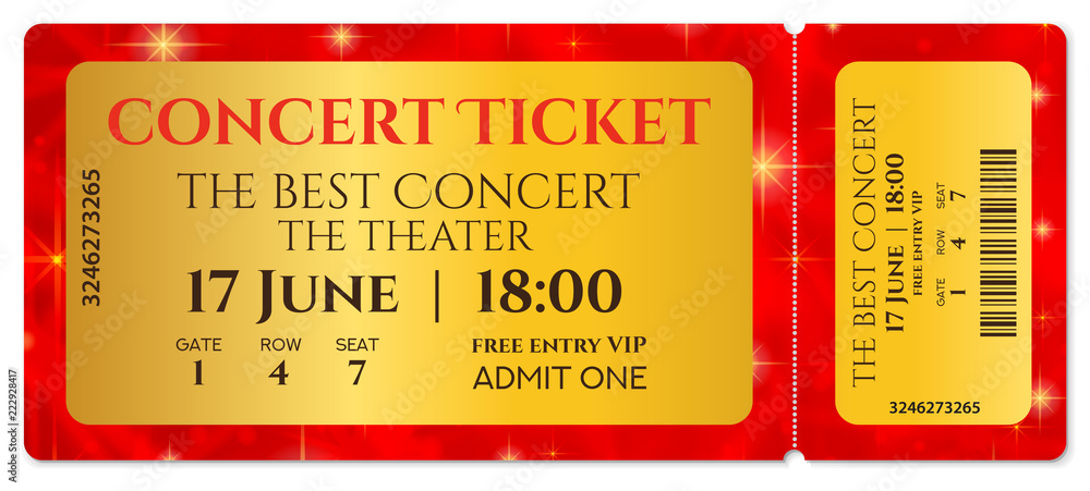 Ticket template, Concert ticket with stars (tear-off ticket mockup) on