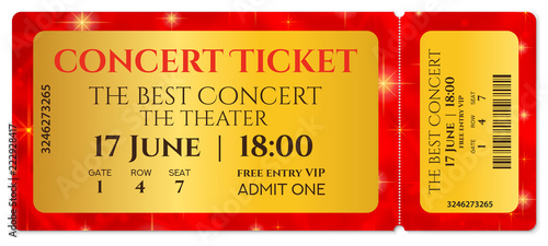 Ticket template, Concert ticket with stars (tear-off ticket mockup) on red starry glitter background. Useful for any festival, party, cinema, event, entertainment show, movie