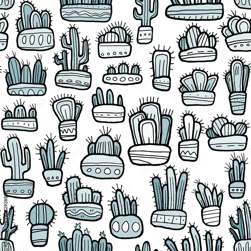 Hand drawn funny flat cactuses in decorative pots seamless pattern. Hand drawn funny flat cactuses in decorative pots seamless pattern.