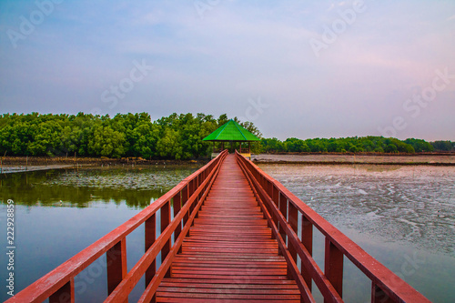 Fototapeta Naklejka Na Ścianę i Meble -  Red bridge is about 6 years old, built by the Office of Public Works and Town Planning in Samut Sakhon. The bridge was red because the village was originally called 