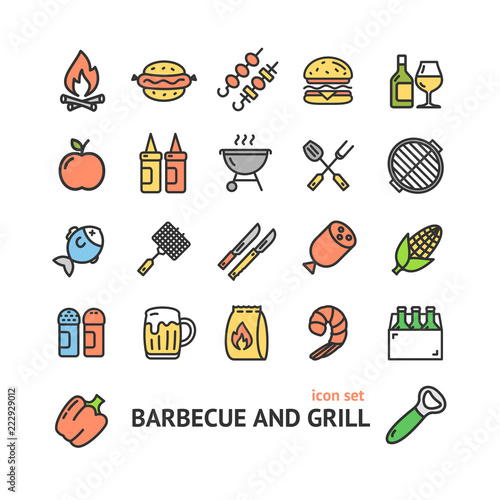 Bbq Signs Color Thin Line Icon Set. Vector