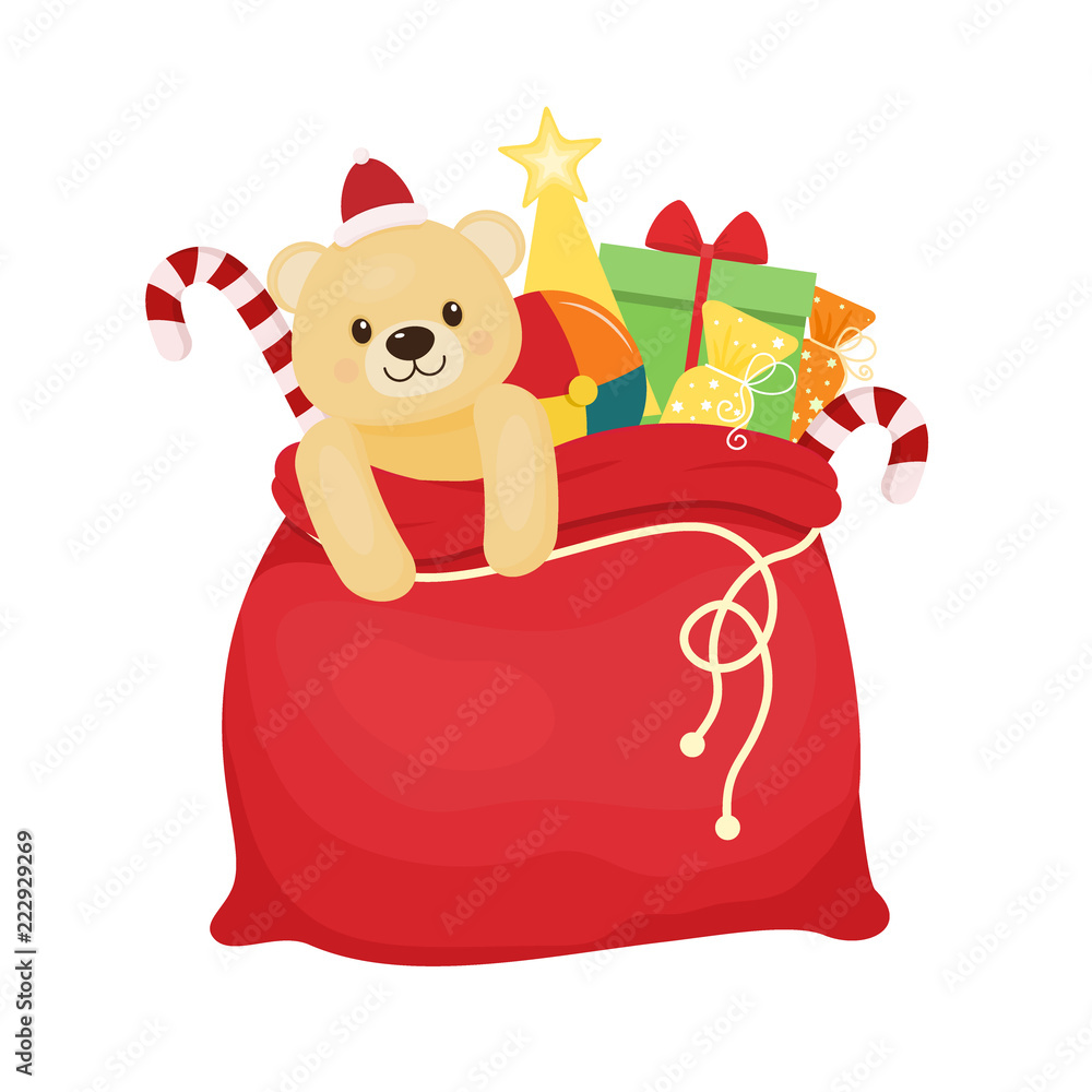 Vecteur Stock Red christmas bag with presents. Vector illustration. Cartoon  style.Santa's bag | Adobe Stock