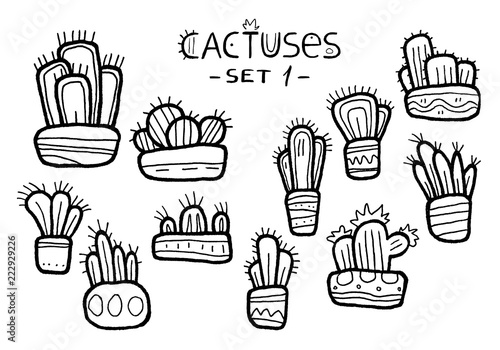Hand drawn funny cactuses in decorative pots isolated on the white background.