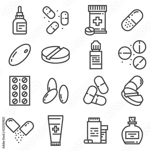 Pills and capsules icons set. Vector illustration. Pharmacy symbols.