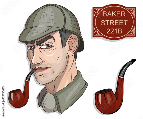 Sherlock Holmes vector, London, ilustration with Sherlock Holmes, Baker street 221B, Sherlock Holmes hat, famous London private detective, detective with smoking pipe, London style, cartoon detective photo