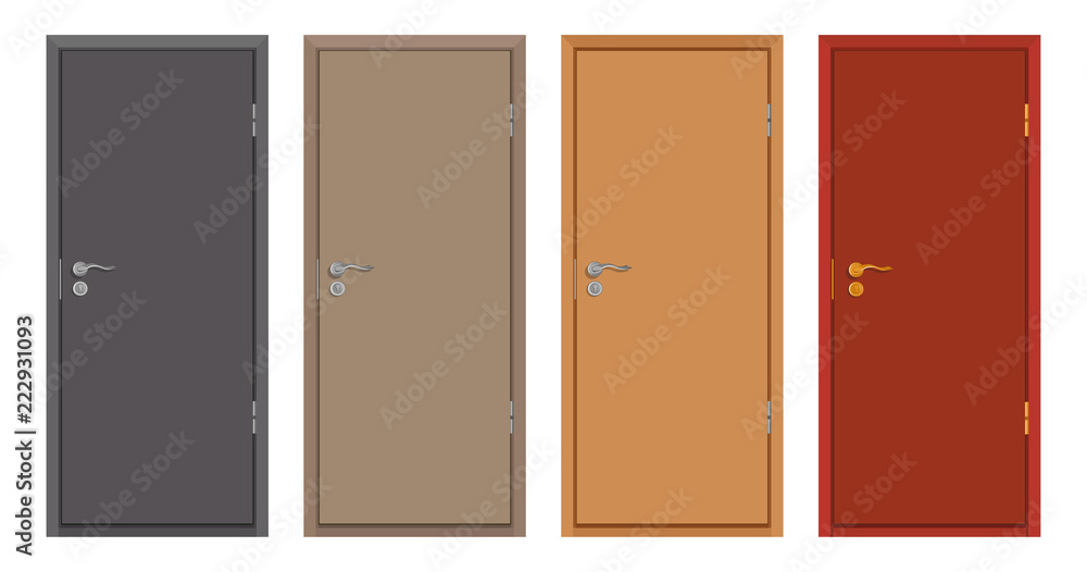 colored wooden doors isolated on white background, realistic wooden
