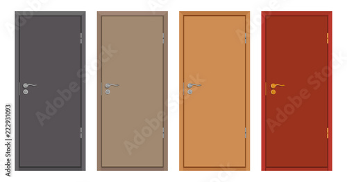 colored wooden doors isolated on white background, realistic wooden door, colour illustration of different door design, office interior or exterior element, room design, vector graphics to design