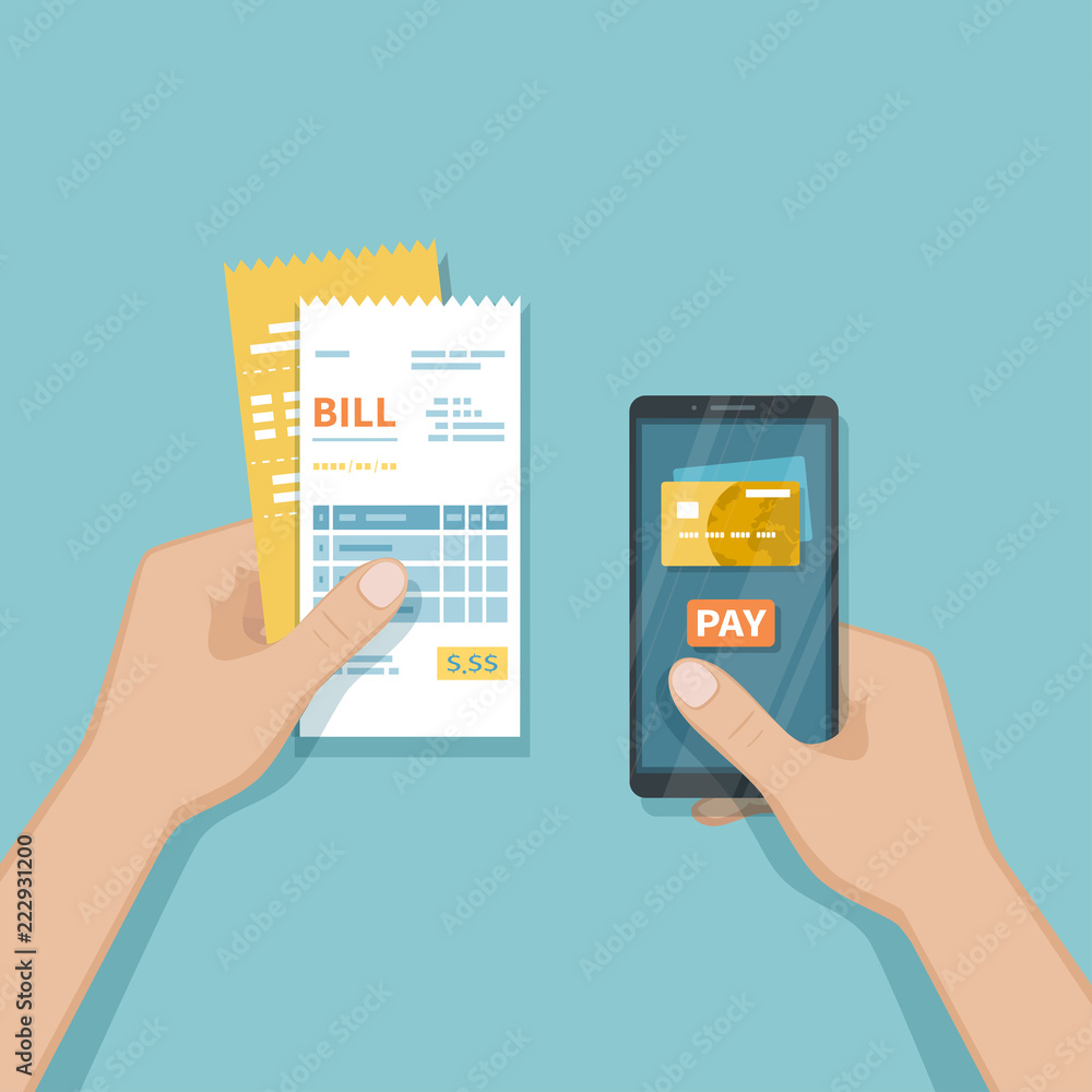 Mobile Payment for goods, services, shopping using smartphone. Online banking, pay with phone. Credit card on screen, button pay, bills in man hands. Vector Mobile Payment for goods, services, shopping using smartphone. Online banking, pay with phone. Credit card on screen, button pay, bills in man hands. Vector