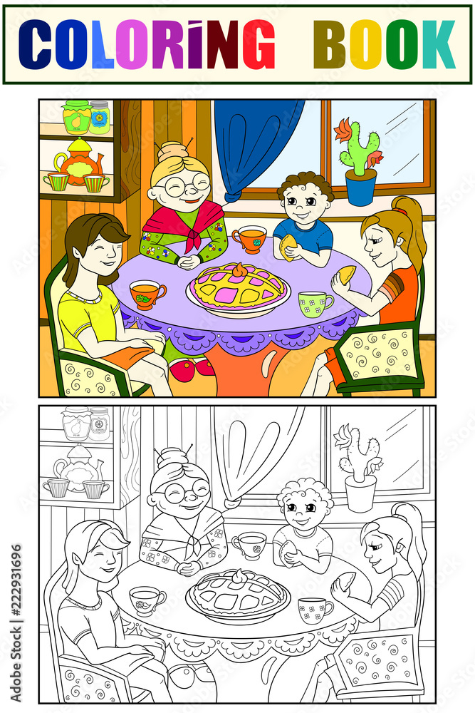 Color Grandmother is sitting at the table. Grandchildren came to visit. Coloring, black and white
