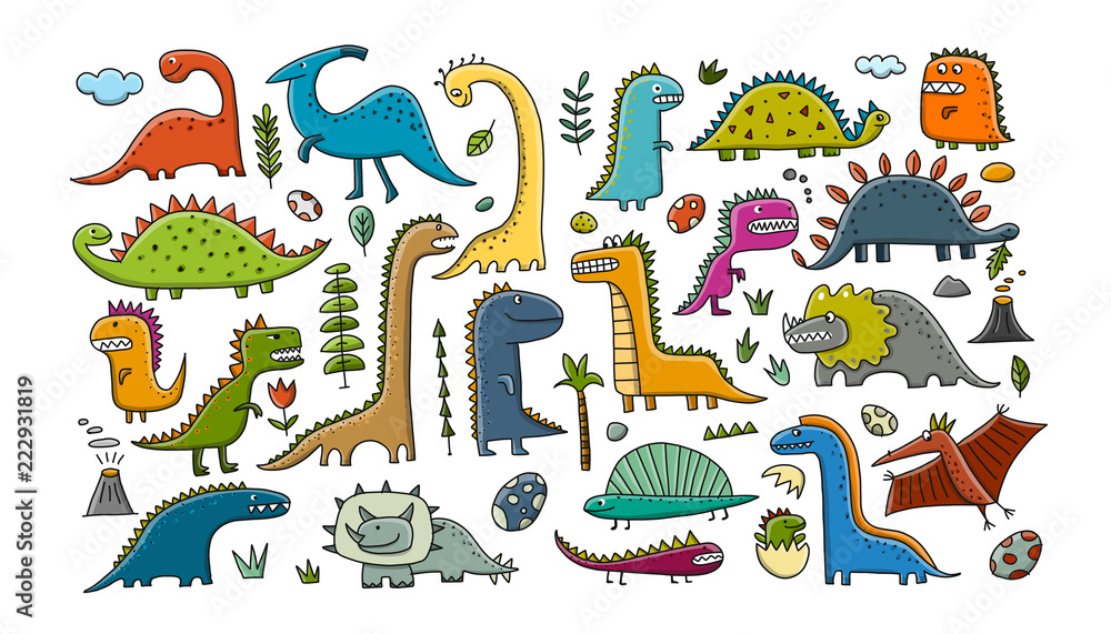 Fototapeta premium Funny dinosaurs collection, childish style. Sketch for your design