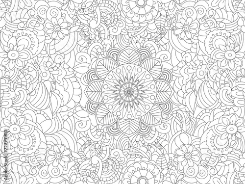 Fototapeta Naklejka Na Ścianę i Meble -  Antistress coloring book floral ornament on the whole leaf. Black lines, white background. Raster