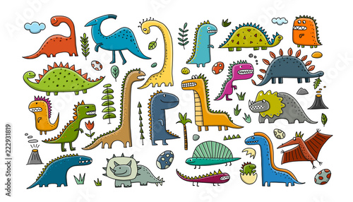 Funny dinosaurs collection, childish style. Sketch for your design