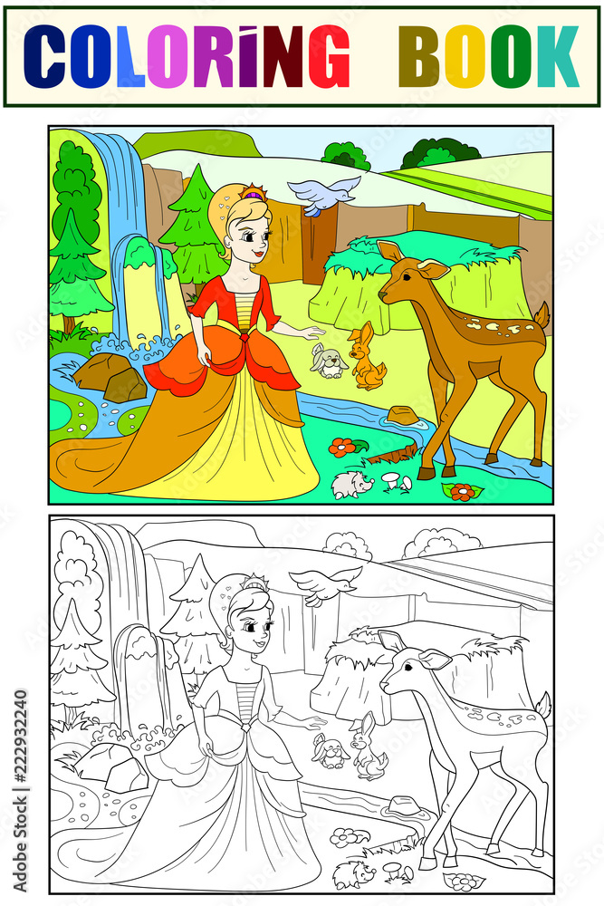 Snow White in the woods with animals. Tale, cartoon, color book black lines on a blank background. Coloring, black and white