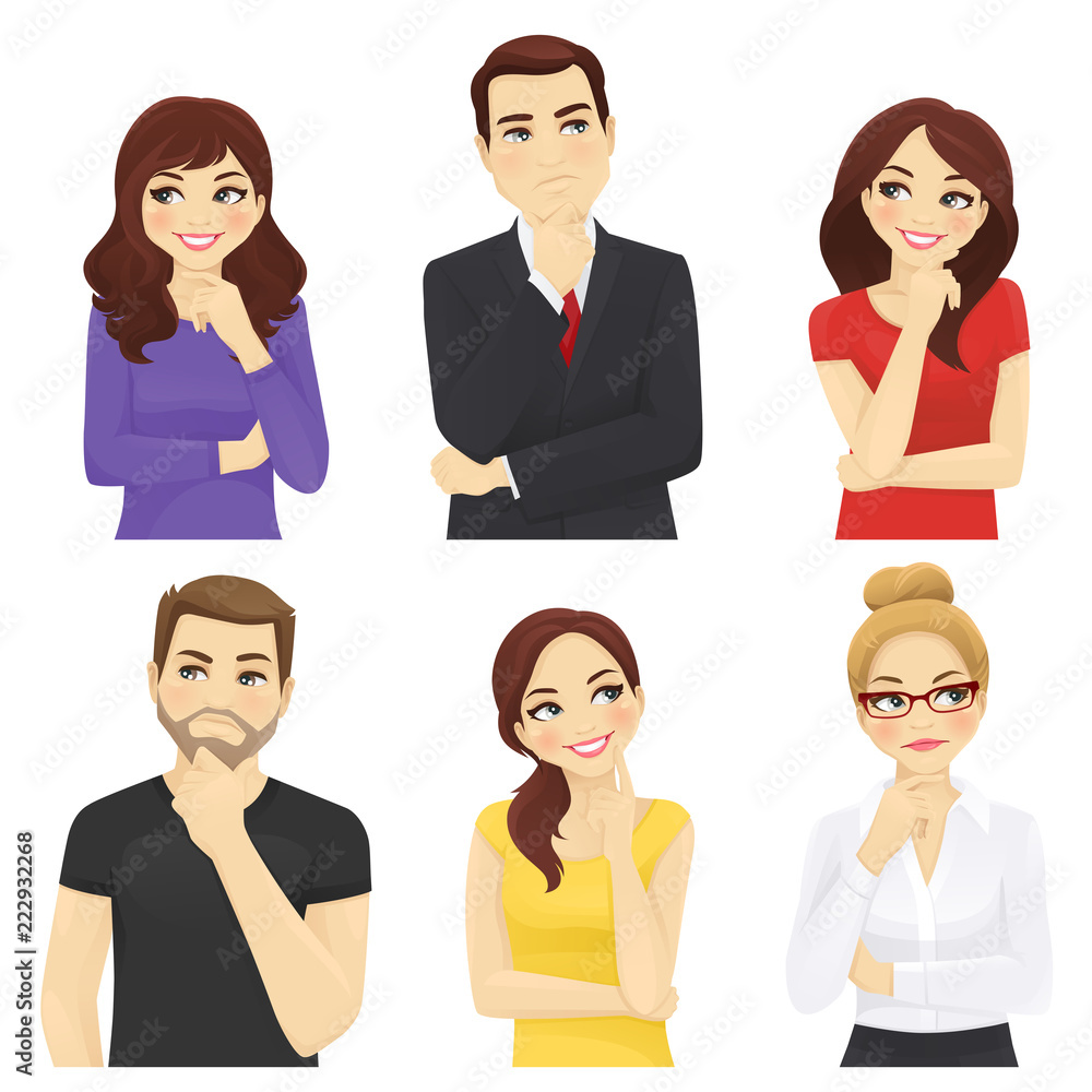 Thoughtful people men and women set vector illustration Thoughtful people men and women set vector illustration
