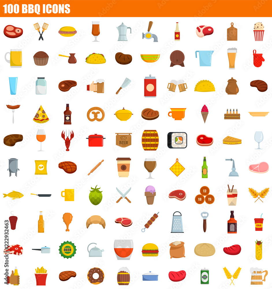 100 bbq icon set. Flat set of 100 bbq vector icons for web design 100 bbq icon set. Flat set of 100 bbq vector icons for web design