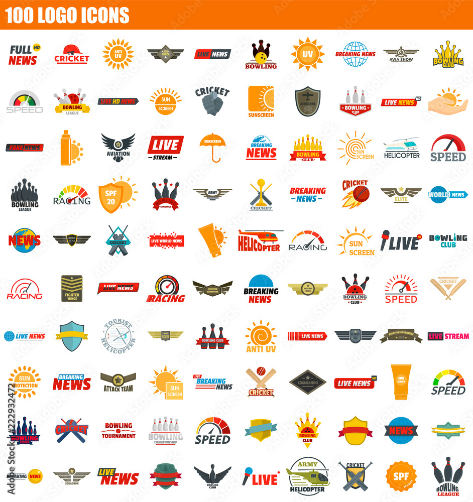 100 logo icon set. Flat set of 100 logo vector icons for web design 100 logo icon set. Flat set of 100 logo vector icons for web design