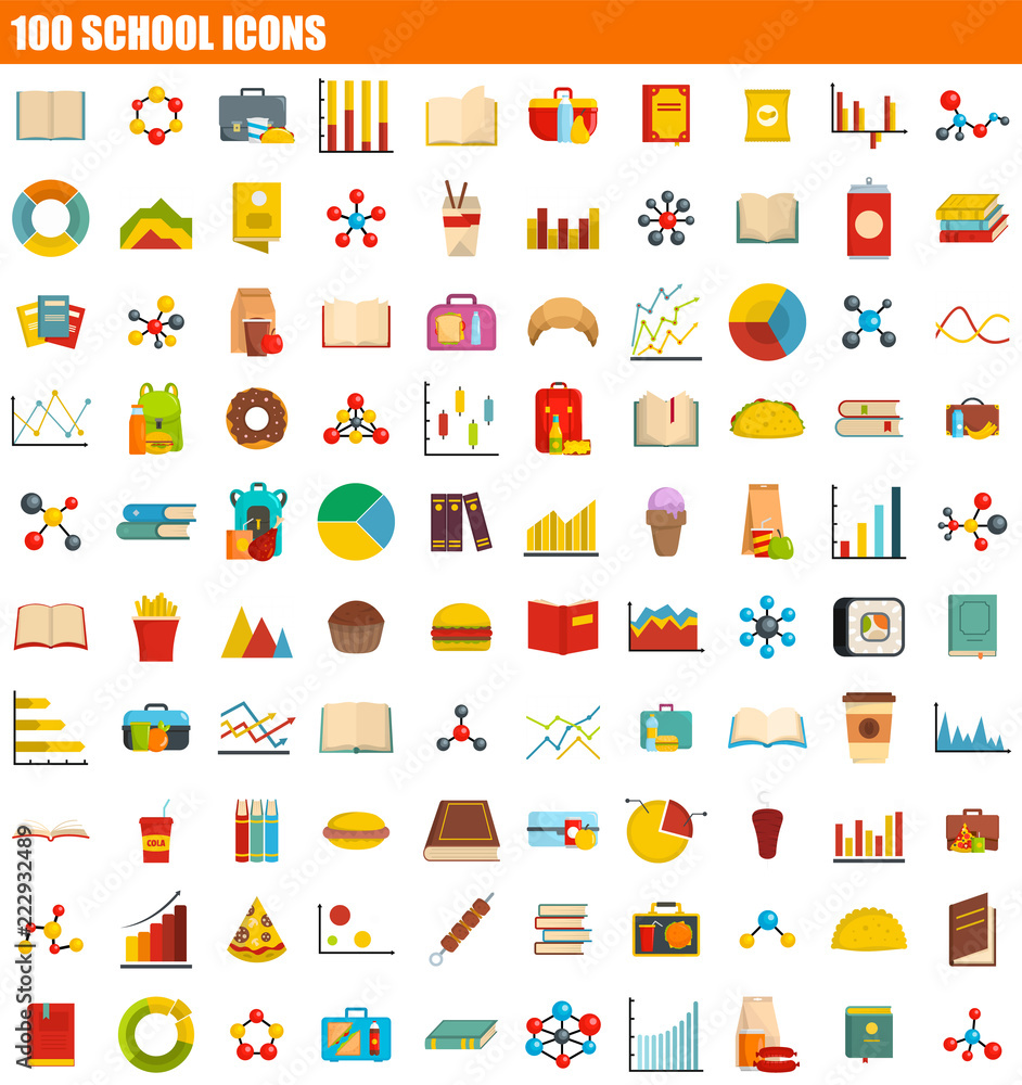 100 school icon set. Flat set of 100 school vector icons for web design 100 school icon set. Flat set of 100 school vector icons for web design