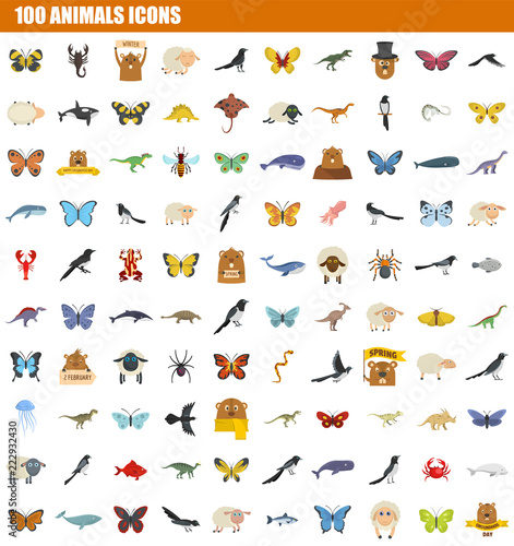 100 animals icon set. Flat set of 100 animals vector icons for web design