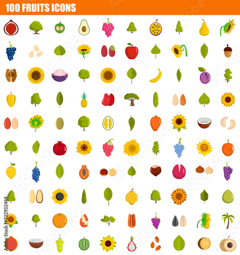 100 fruits icon set. Flat set of 100 fruits vector icons for web design