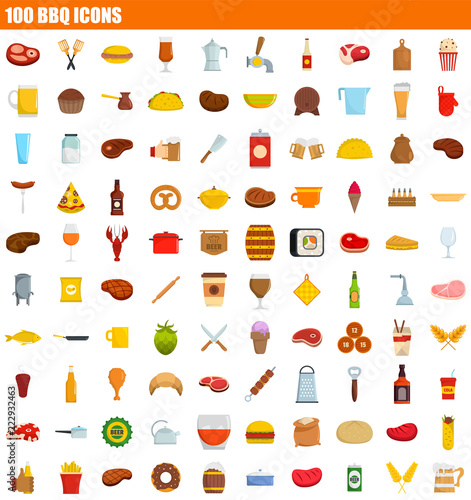 100 bbq icon set. Flat set of 100 bbq vector icons for web design