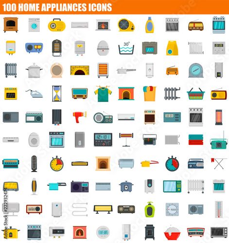 100 home appliances icon set. Flat set of 100 home appliances vector icons for web design