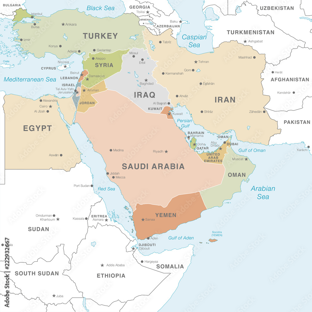 Obraz premium Colorful Vector map of the Middle East Zone