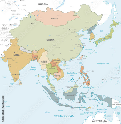 Kolorowa Wektorowa mapa Azja Wschodnia