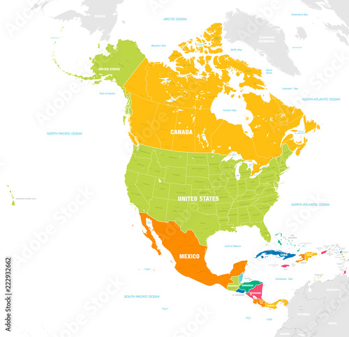 Fototapeta Mapa polityczna Ameryki Północnej i Środkowej kolorowa XXL