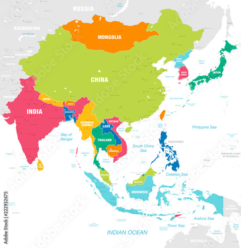 Kolorowa Wektorowa mapa Azja Wschodnia